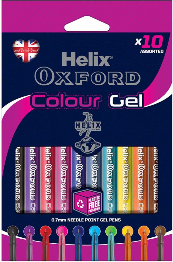 Helix Oxford Colour Gel Pens (x10 Pack Assorted Colours) with Plastic Free Packaging