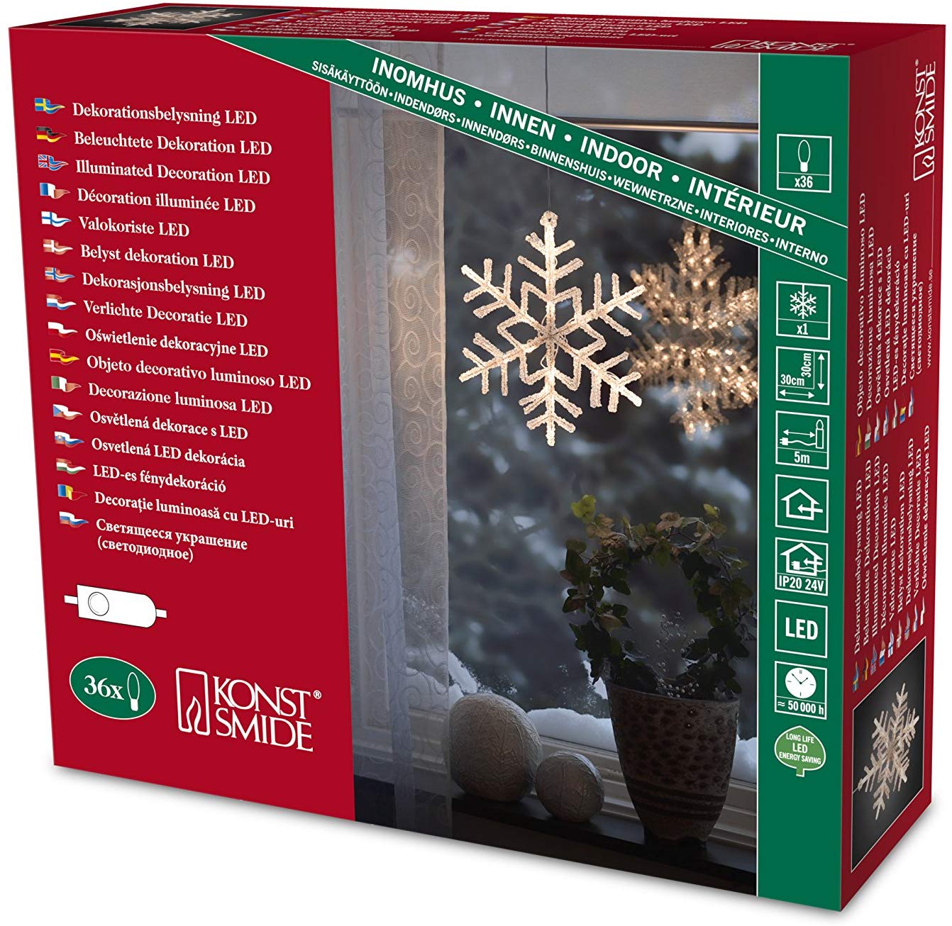 Konstsmide 4446-103 LED Snowflake Hanging Silhouette/For Indoors (IP44) / 36 Warm White Diodes/Transparent Cable