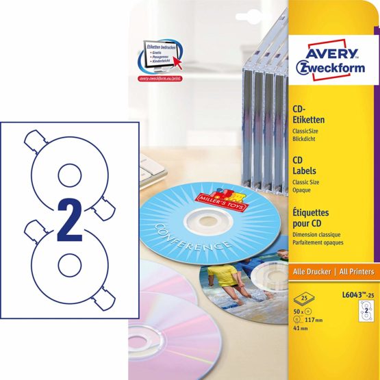 Avery Zweckform L6043 25 A4 Pack of 50 CD Labels Diameter 117 mm 25 Sheets White
