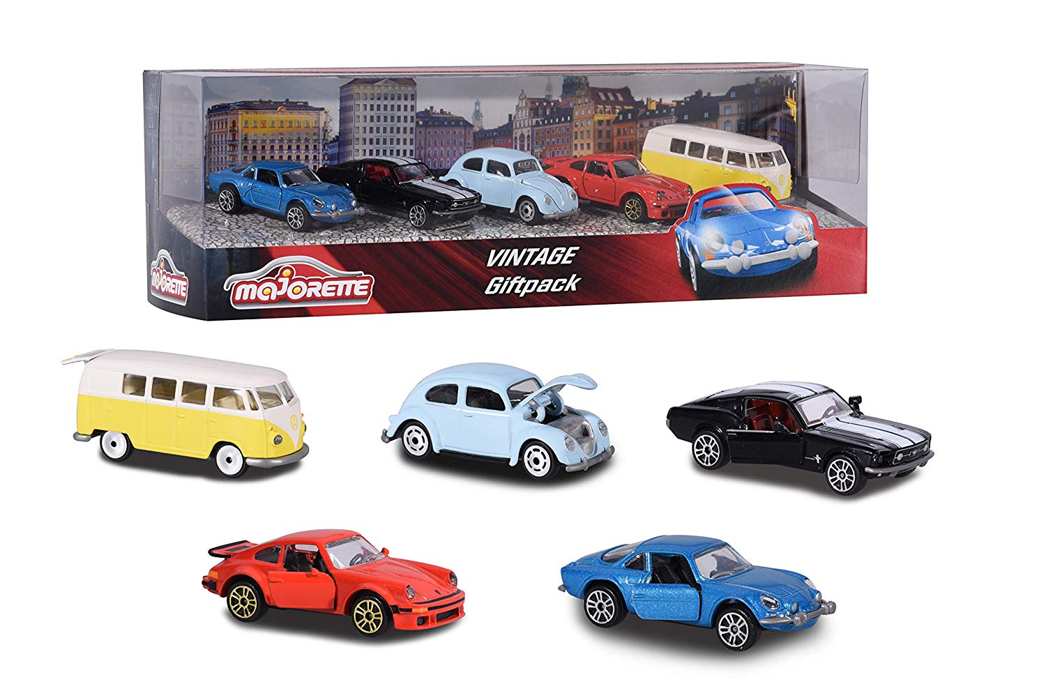 Majorette VINTAGE EDITION COLLECTOR DIE-CAST 5 CAR PACK, Styles Vary (Volkswagen, Citroen), Multi-coloured, Small
