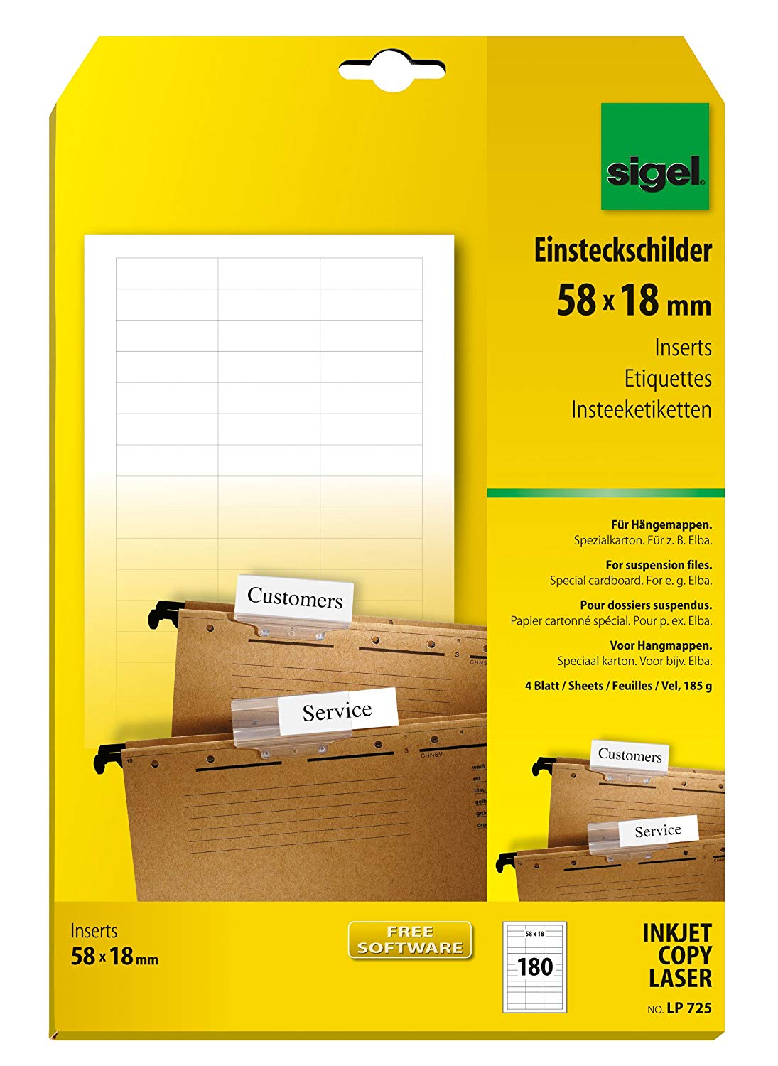 SIGEL LP725 Piece Inserts for suspension files 5.8 x 1.8 cm, 185 gsm, 180 Pieces equal to 4 sheets, White