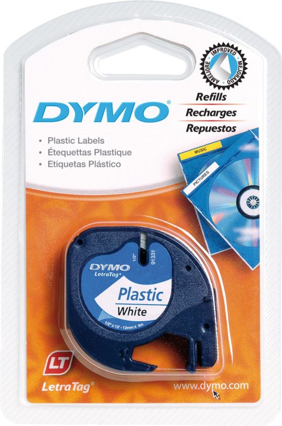 DYMO Authentic LT Plastic Labels | 12 mm x 4 m Roll | Black Print on White Labels | for LetraTag Label Makers
