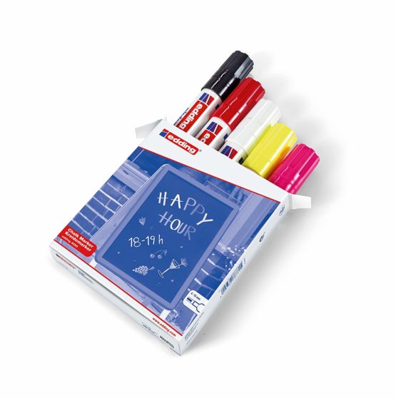 edding 4090 Chalk Marker - multi-coloured (basic) - 5 Chalk Pens - Chisel Tip 4-15 mm - wet wipe Pen for Chalkboards, windows, Glass, mirrors - liquid Chalk Marker Pens for opaque coverage