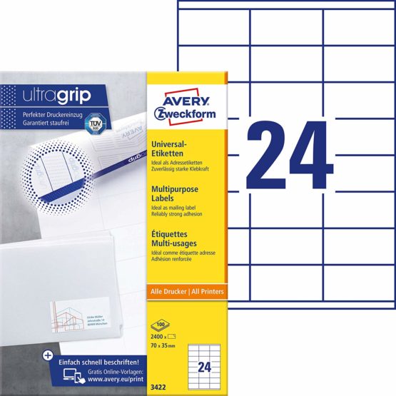 Avery Zweckform Universal-Etiketten Etikett 70x35mm InkjetLaserCopy A4 100BLATT 2400ST Weiss