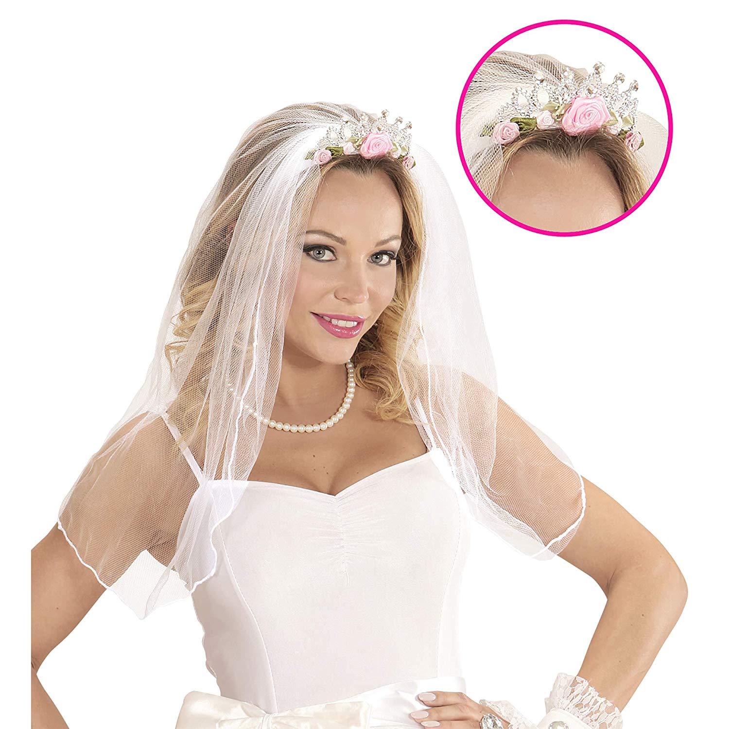 Widmann 07063 Tiara with Bridal Veil with Roses and Diamonds for Adults One Size, Multi-coloured