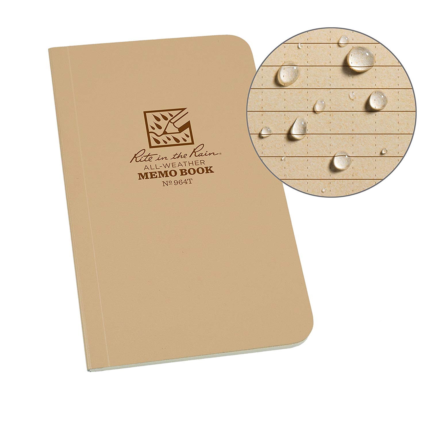 Rite in the Rain Waterproof Paper Tactical Memo Book Side Bound Field Flex Cover Tan 120 Pages 60 Sheets Tan Perfect Bound Binding Imperial & Metric Rulers Map Scales Conversion Charts 3¼ x 6- Inch