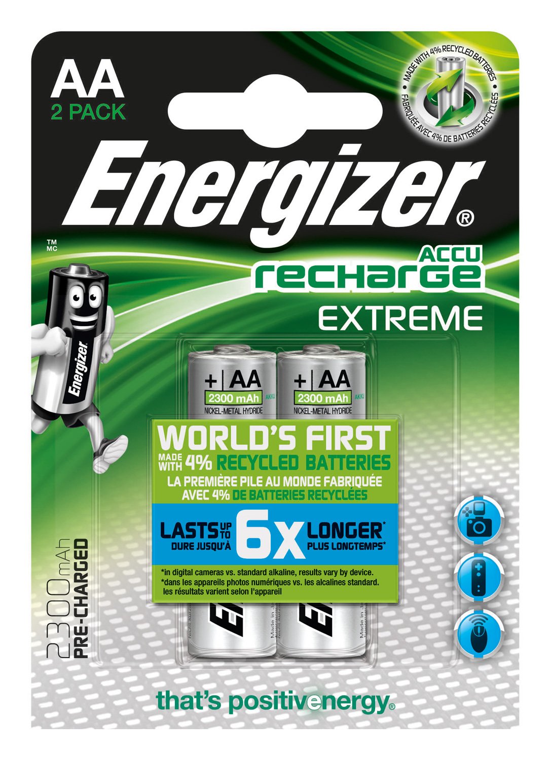 Energizer NimH Rechargeable Extreme Mignon Battery 1.2 Volt 2300 mAh Pre-Charged Pack of 2, silver