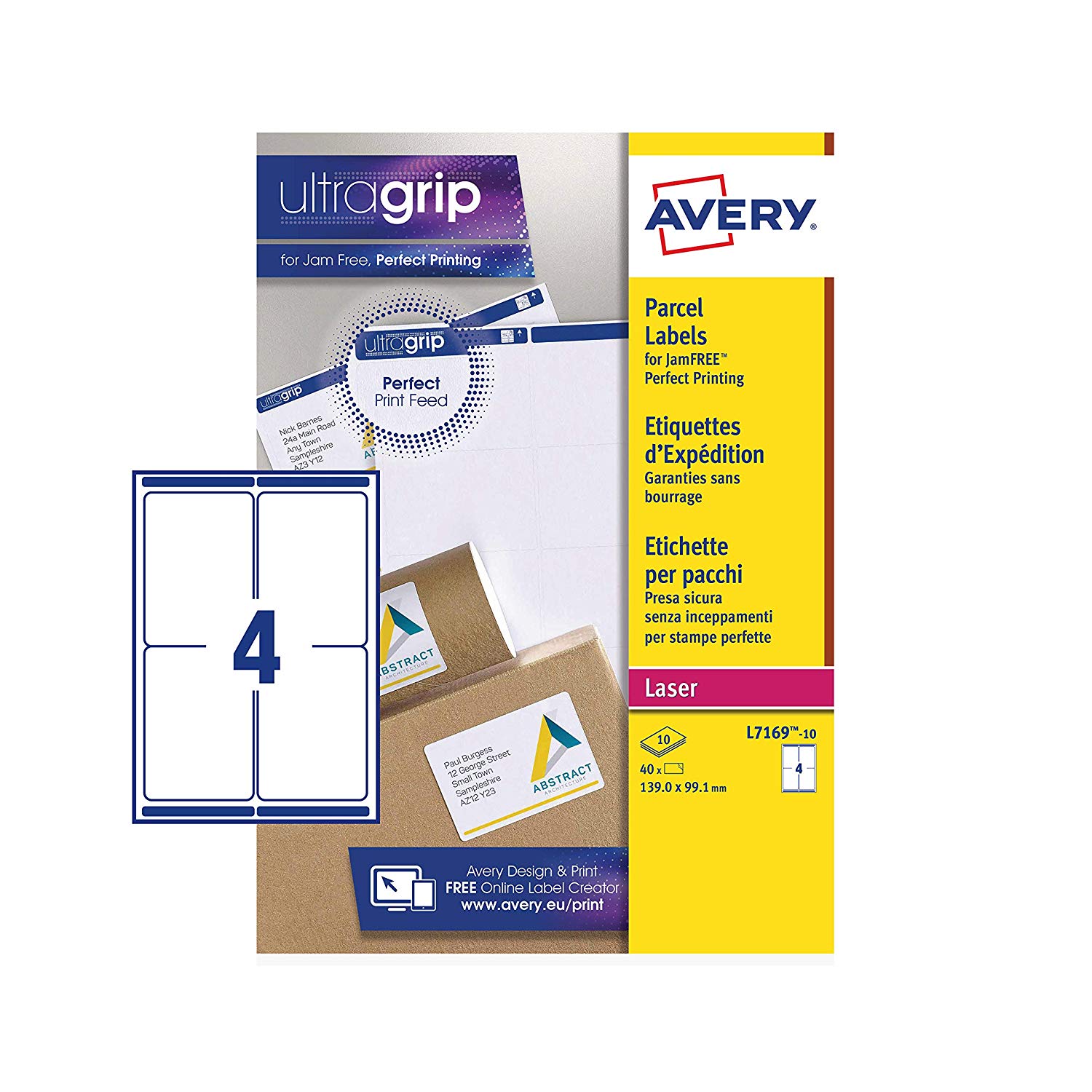Avery JamFREE, Printable, Parcel Labels, FSC Certified, 139 x 99.1mm, White, 4 per Sheet, 40 Blank Labels per Pack (L7169)