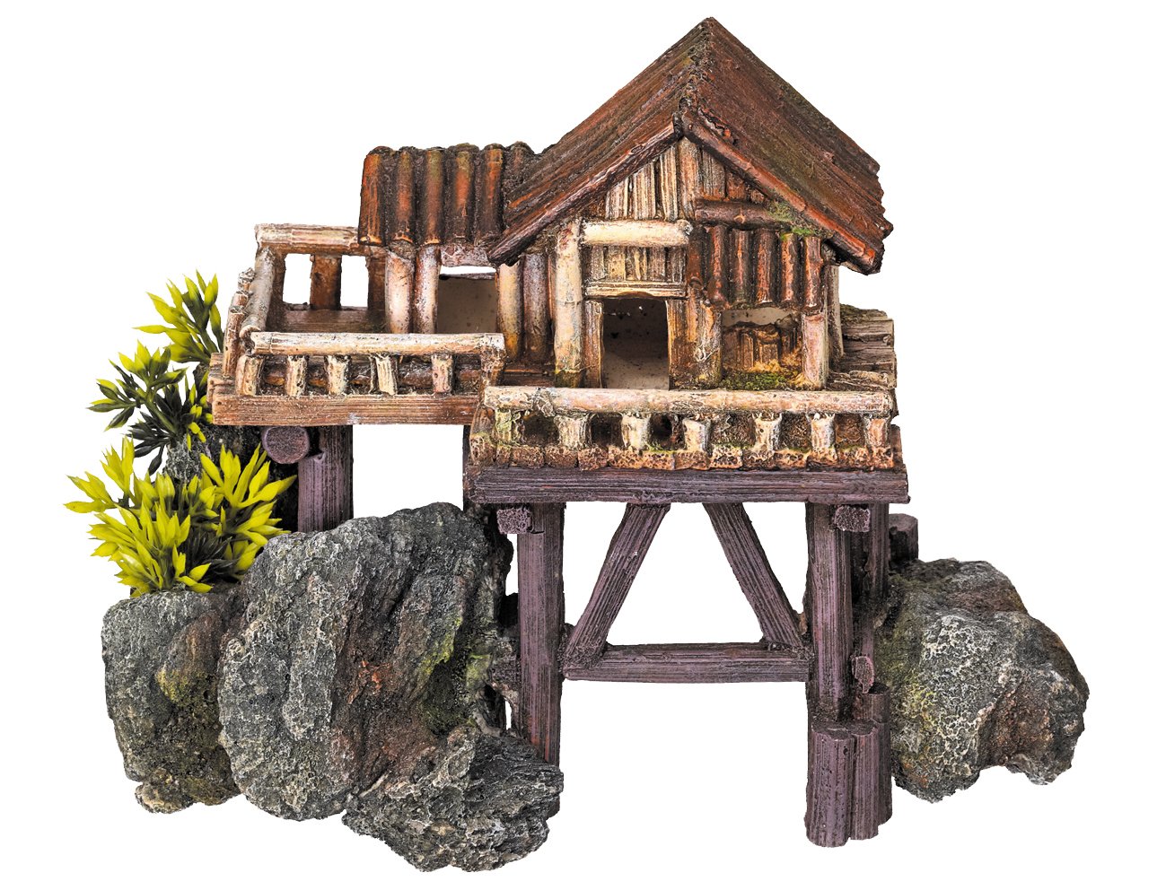 Nobby Wooden House with Plants Aquarium Ornaments, 23 x 12.3 x 17 cm, Braun, Schwarz