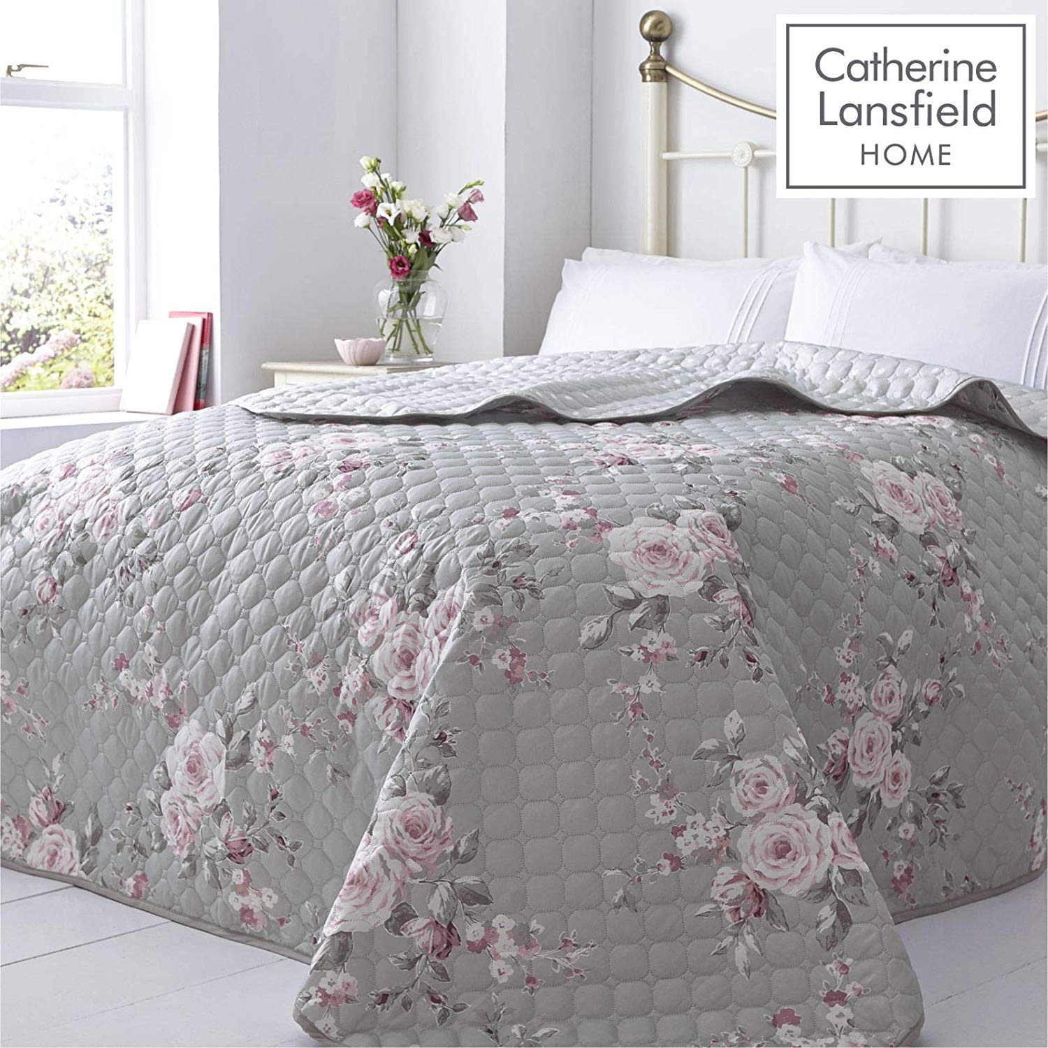 Catherine Lansfield Canterbury Floral 66x72 Inch Lined Eyelet Curtains Two Panels Grey, W 66" x L 72" (2 Panels) - Image 3