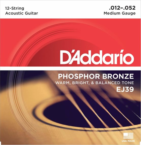 D'Addario Guitar Strings - Acoustic Guitar Strings - Phosphor Bronze - For 12 String Guitar - Warm, Bright, Balanced Tone - EJ39 - Medium, 12-String, 12-52