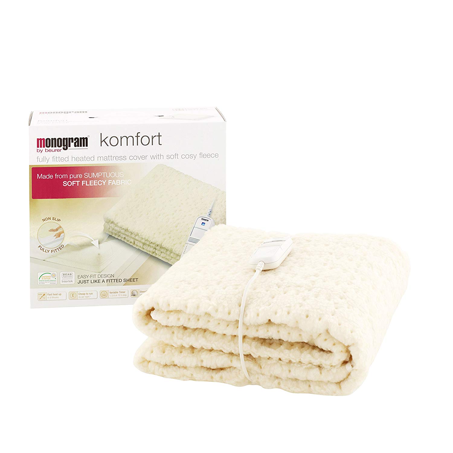 Monogram Komfort Heated Mattress Cover, White, Double Single
