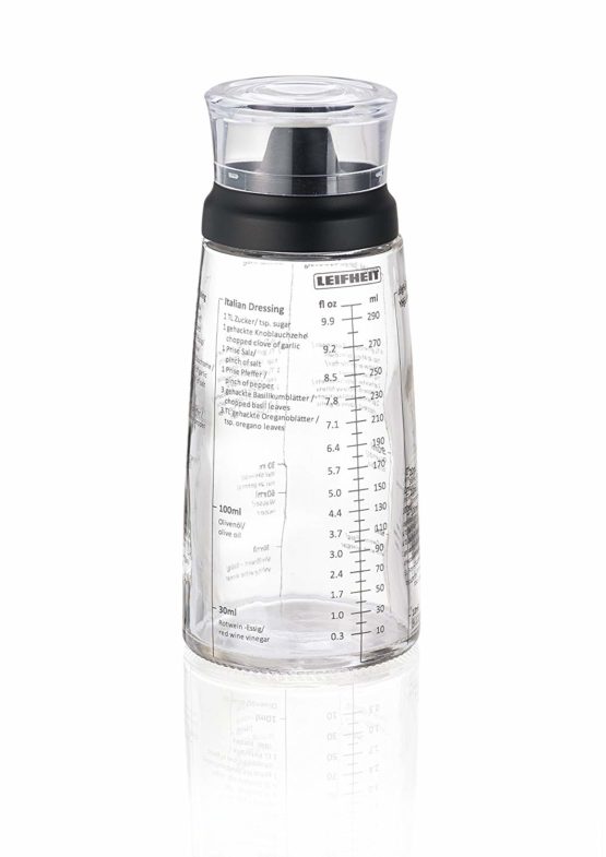 Leifheit Salad Dressing Shaker, 5 Imprinted Recipes, Glass Bottle, Non-Drip Spout, Dishwasher Safe, Black Transparent, 300 ml Measuring, Salad Dressing Pots, dressing maker