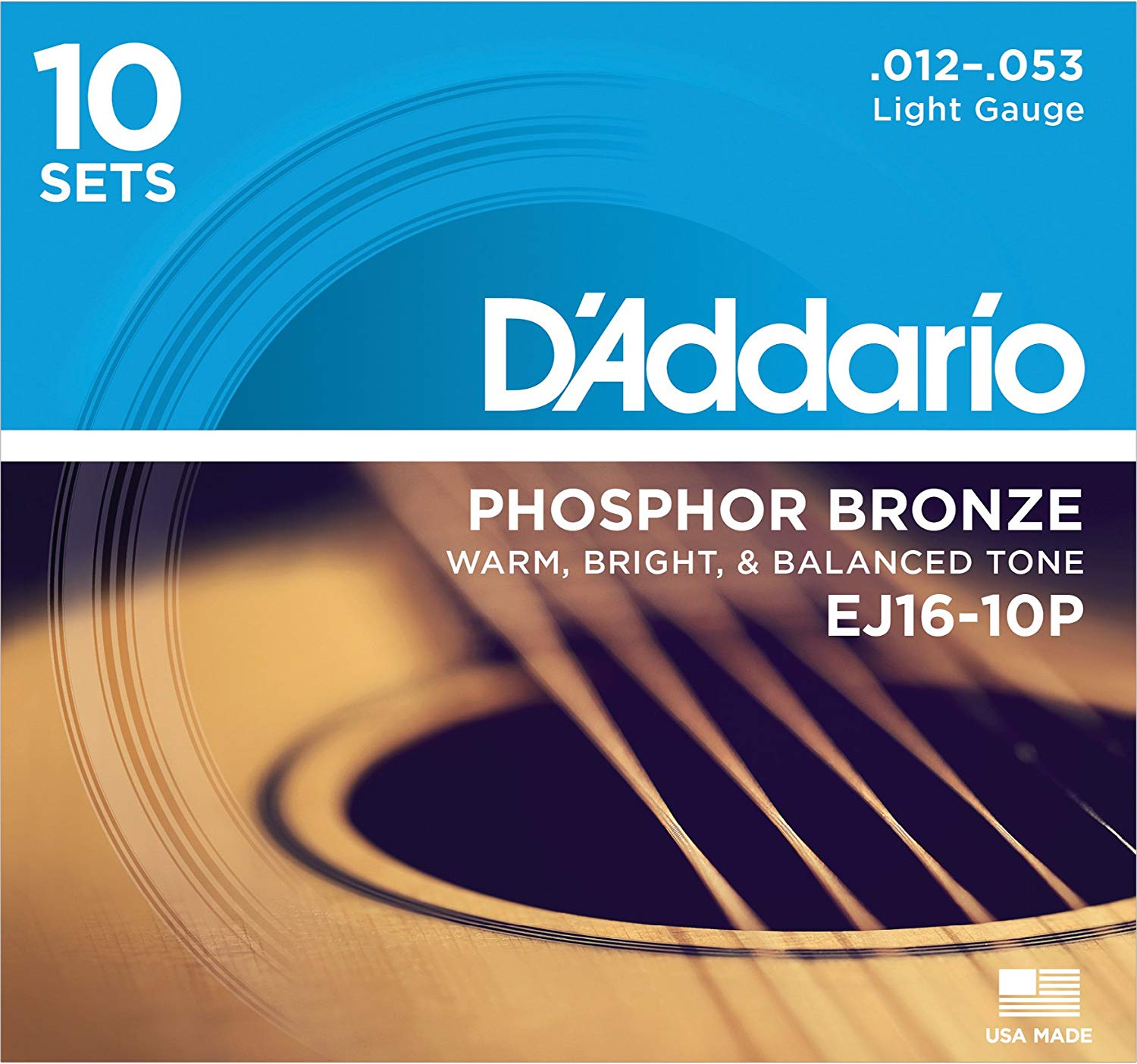 D'Addario Guitar Strings, Phosphor Bronze Acoustic Guitar Strings, EJ16-10P, Rich, Full Tonal Spectrum, For 6 String Guitars