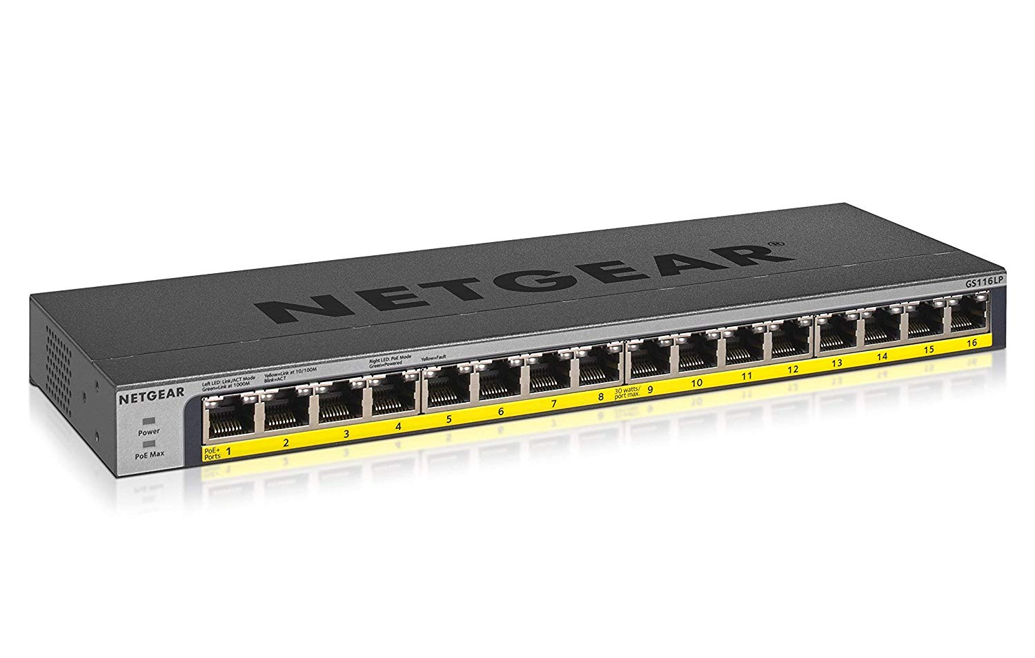 NETGEAR 16 Port PoE Gigabit Switch (GS116LP), Unmanaged Network Switch, 16 x PoE+ @ 76 W Upgradeable, Desktop