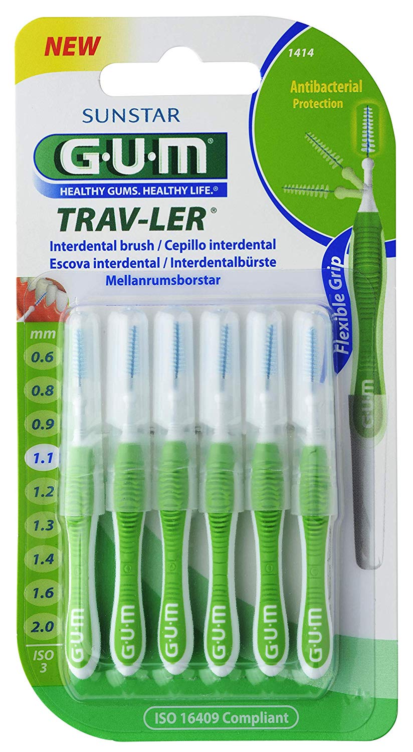 6 pieces Gum Trav-ler 1.1 mm interdental brushes + 6 caps, Green