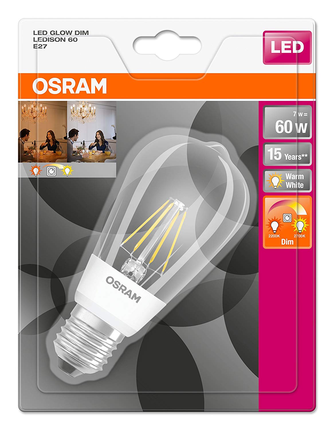 Osram Edison Form Star+ GLOWdim Classic LED Lamp, Glass, Warm White, E27, 7 W, Set of 1 - Image 3