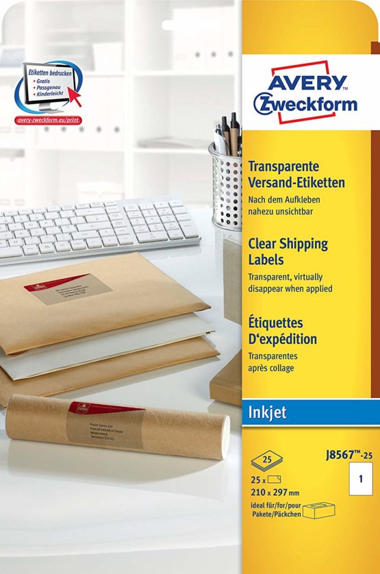Avery Zweckform J8567-25 Shipping Labels 210 x 297 mm 25 Pack of 25 Labels Transparent