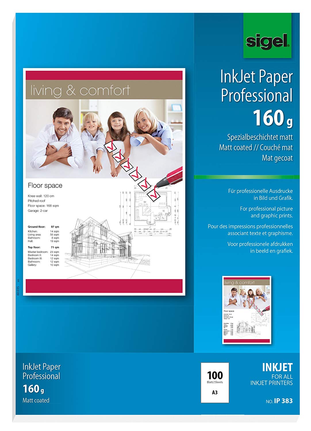 SIGEL IP383 InkJet Paper, coated, White, 160 gsm, A3, 100 sheets, 29,7 x 42 cm