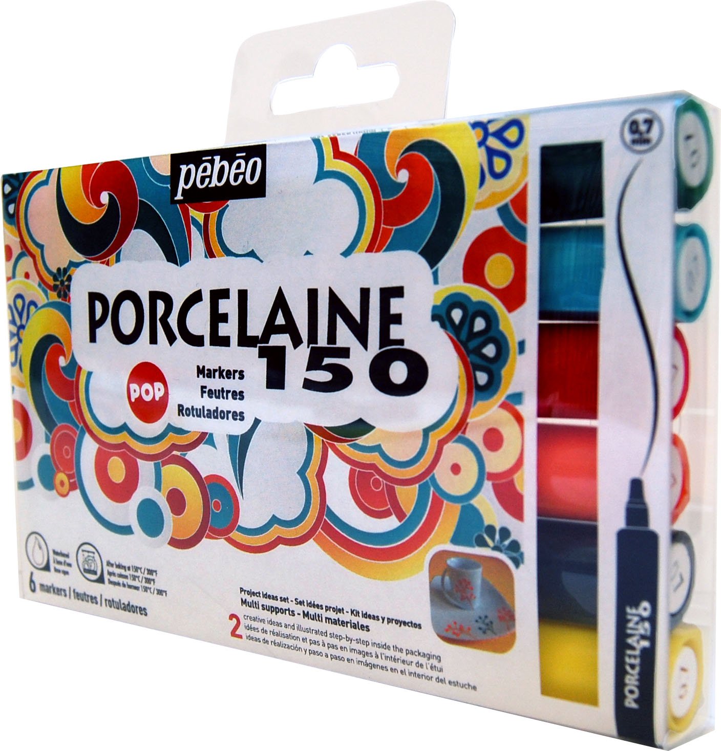 Pébéo Pop 150 Set of 6 Porcelain Markers 0.7 mm, Marseille Yellow, Anthracite, Agathe, Scarlet, Peacock Blue, Amazonite