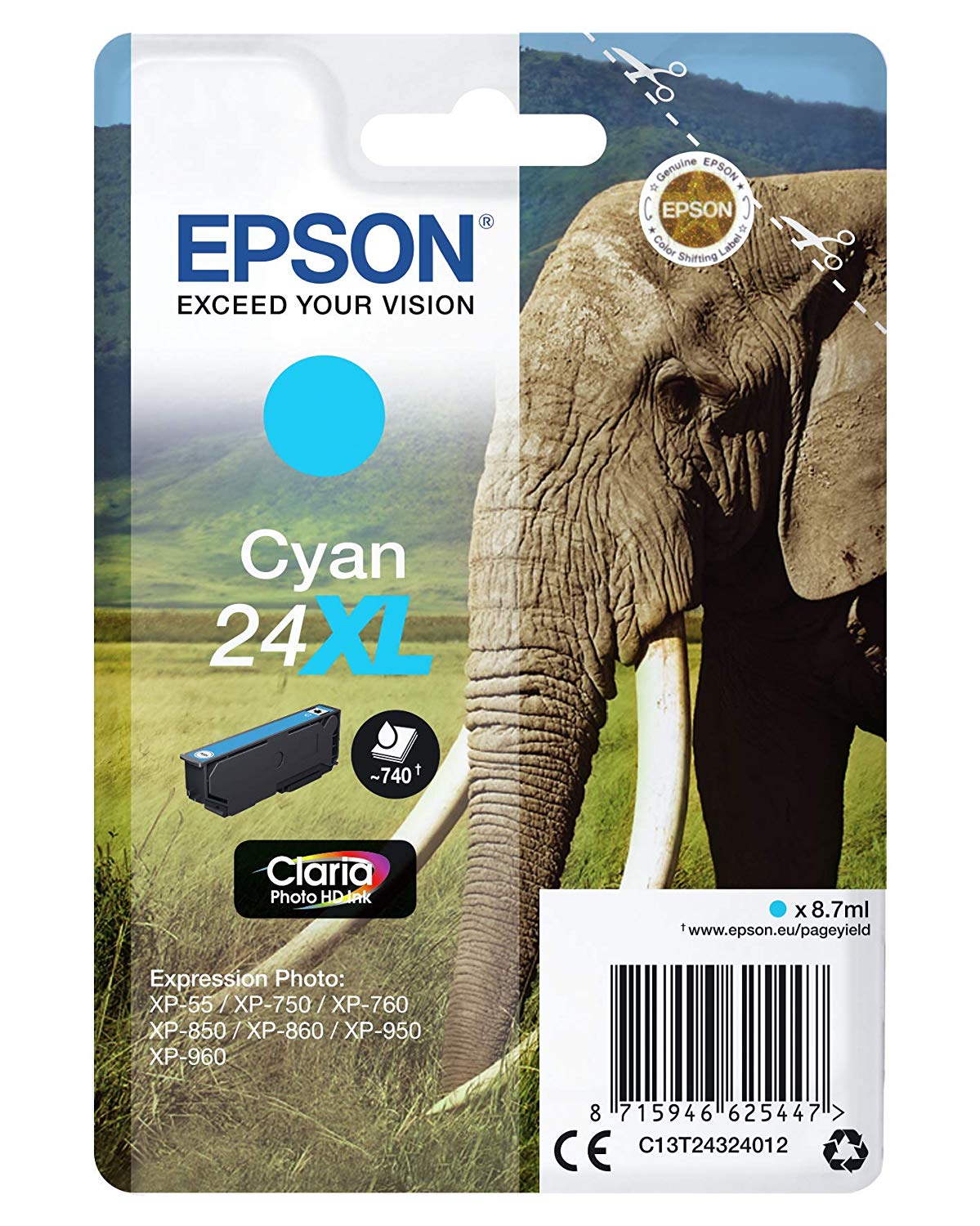 Epson 24XL Cyan Elephant High Yield Genuine, Claria Photo HD Ink Cartridge, XL High Capacity - Image 3