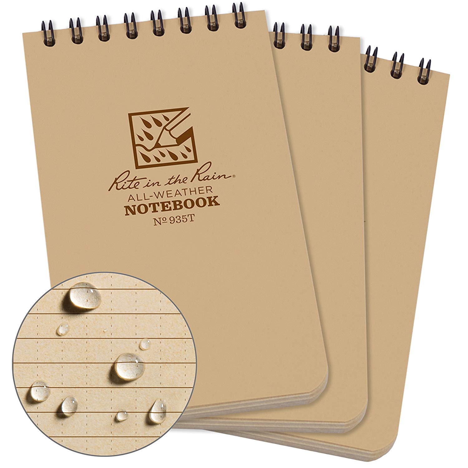 Rite In The Rain Weatherproof Top Spiral Notebooks, 3" x 5", Tan Cover, 3 Pack (No. 935T-3), 3 x 5 Inch (3 Pack)