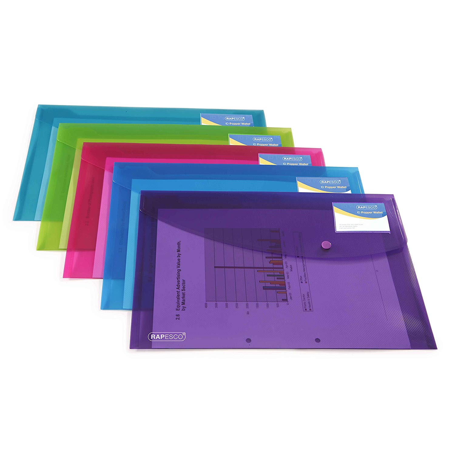Rapesco 0700 ECO Recycled ID Popper Wallets, A4, Assorted Bright Transparent Colours, Pack of 5