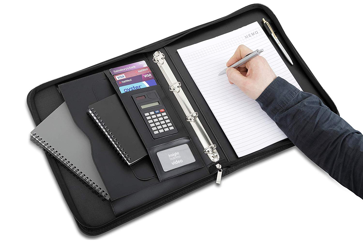 Arpan A4 Conference Folder with Handle Ringbinder Folio with Zipper Soft Padded Cover - Black - Image 3