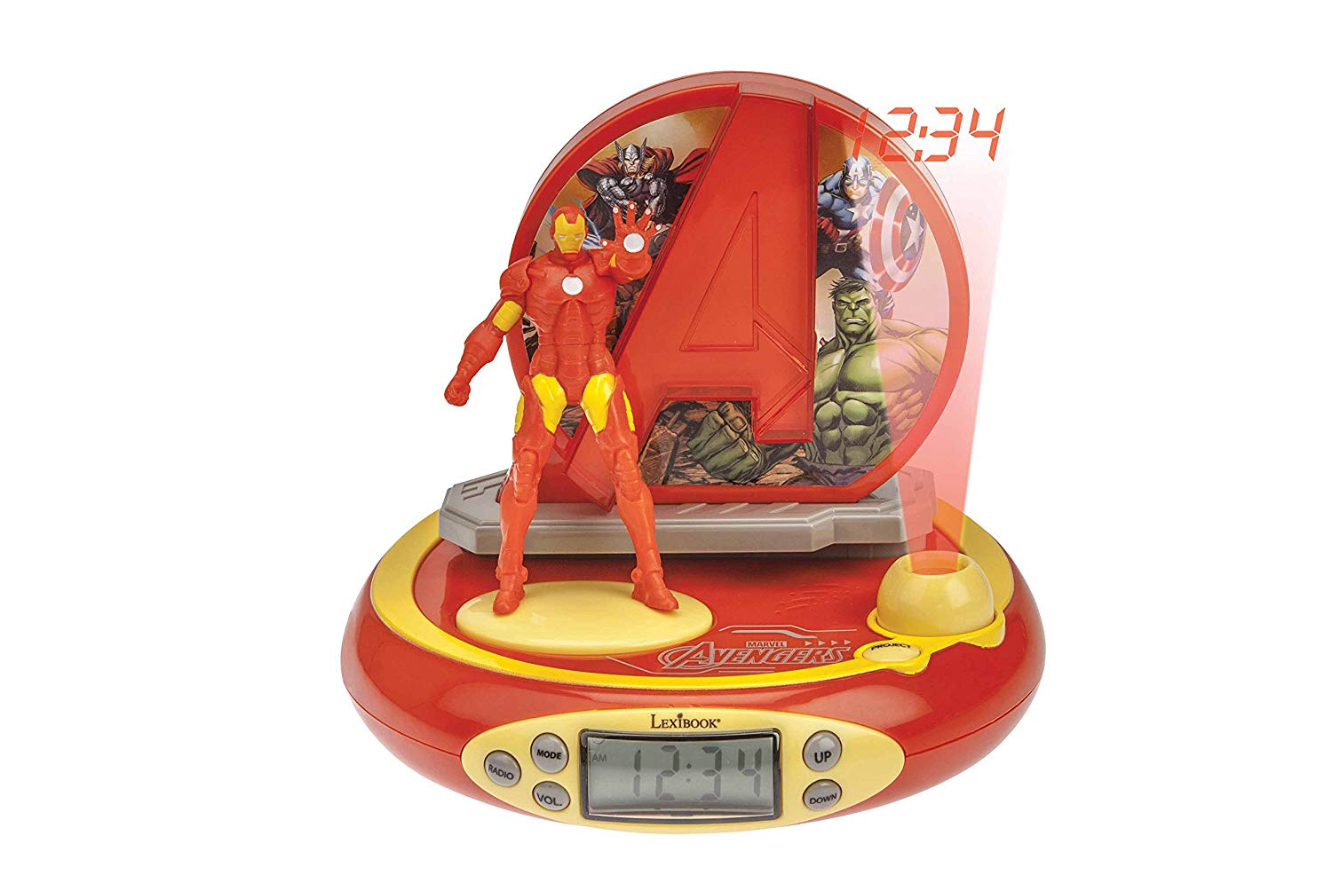 LEXIBOOK, The Avengers Iron Man, Projector Alarm Clock for kids Nightlight and time projection to the ceiling, Sound Effects