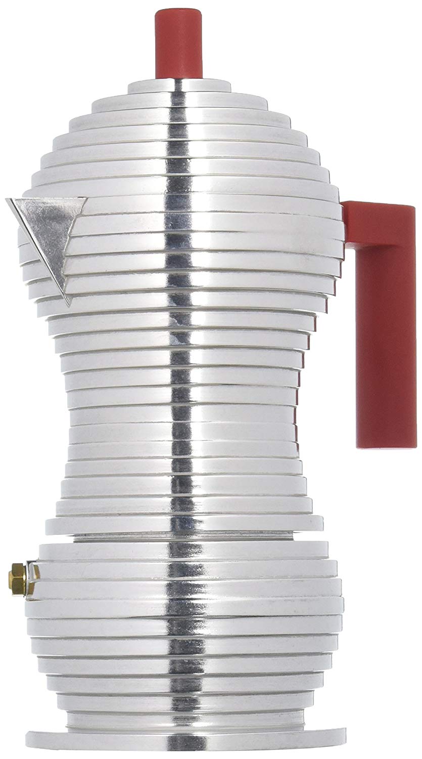 Alessi Cast Aluminum Pulcina Espresso Coffee Maker with Handle and Knob in PA, Red, 3 Cups
