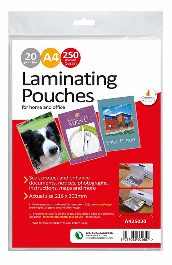 Cathedral Laminating Pouches, 250 Micron A4, 20 Pouches