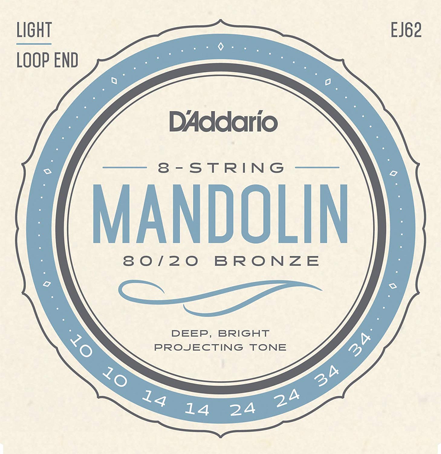D'Addario EJ62 80/20 10-34 Bronze Light Mandolin String, Light, 10-34