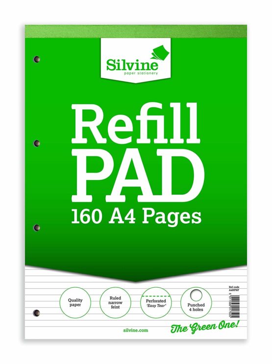 Silvine 160 Page A4 Refill Pad, Head Bound and Punched 4 Holes. Ruled Narrow Feint. Ref A4RPNF [Pack of 6]