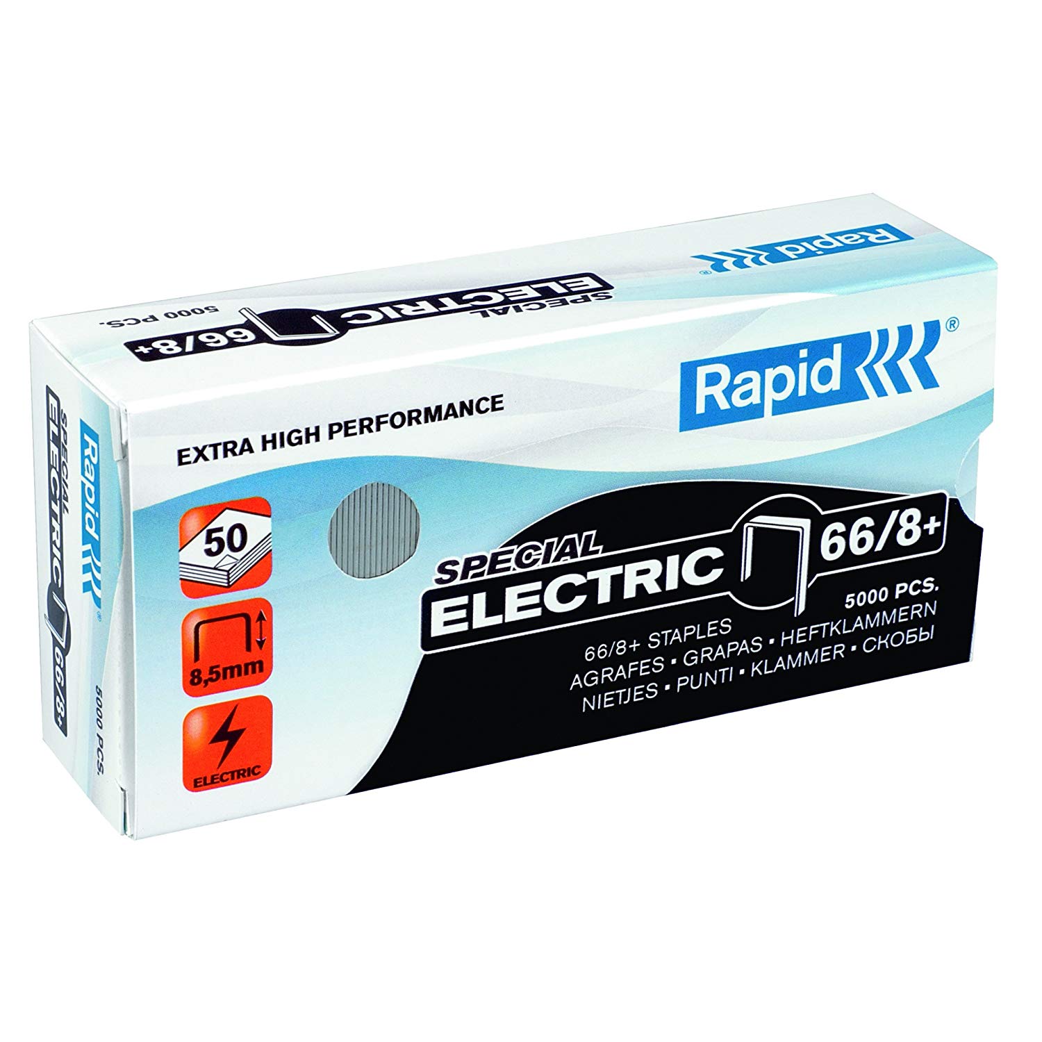 Rapid 66/8+mm Strong Staples, For Stapling up to 50 Sheets, Use with Electric Staplers, Galvanised Wire, Box of 5000, 24868000