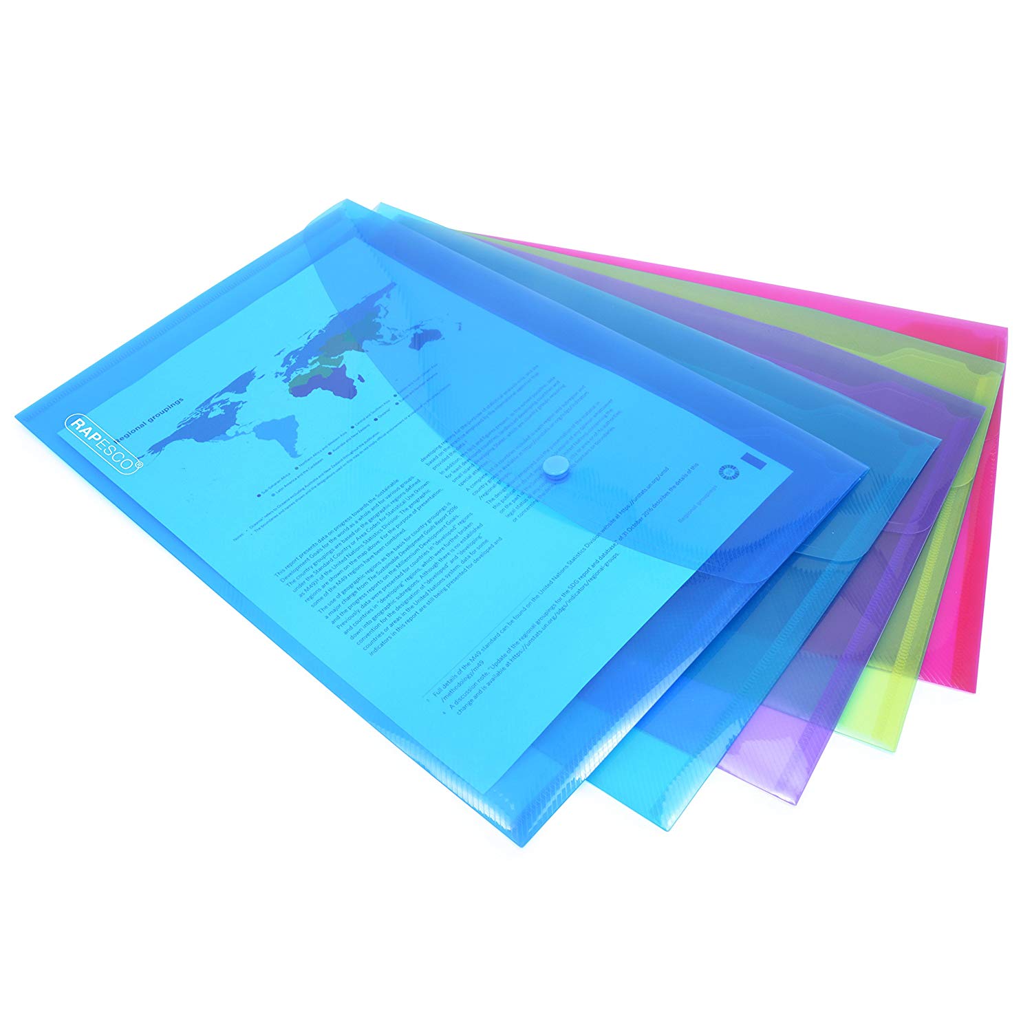Rapesco 1495 ECO Recycled Popper Wallets, A4+, Assorted Bright Transparent Colours, Pack of 50, Assorted Colours - Image 2