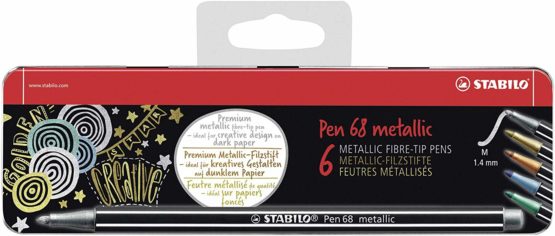 Metallic Premium Felt Tip Pen - STABILO Pen 68 Metallic Tin of 6 with Hanging Device