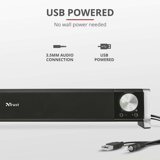 Trust Asto PC Soundbar, USB Powered Speaker Set, Rich Stereo Sound System 12 W Peak Power, Illuminated Volume Control, Speaker for PC, Monitor, TV - Black - Image 4