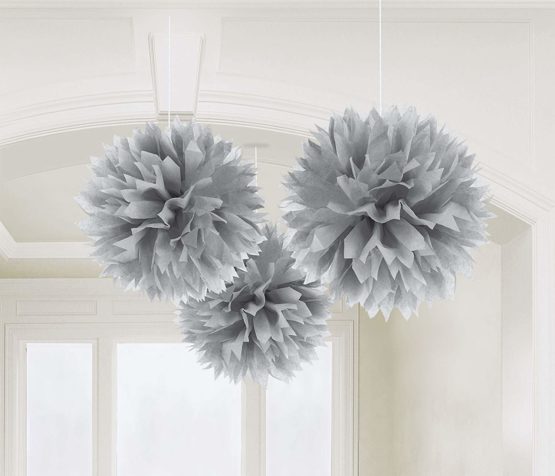 amscan 10119837 Silver Paper Flower Pom Hanging Party Decorations, 40cm-3 Pcs - Image 2