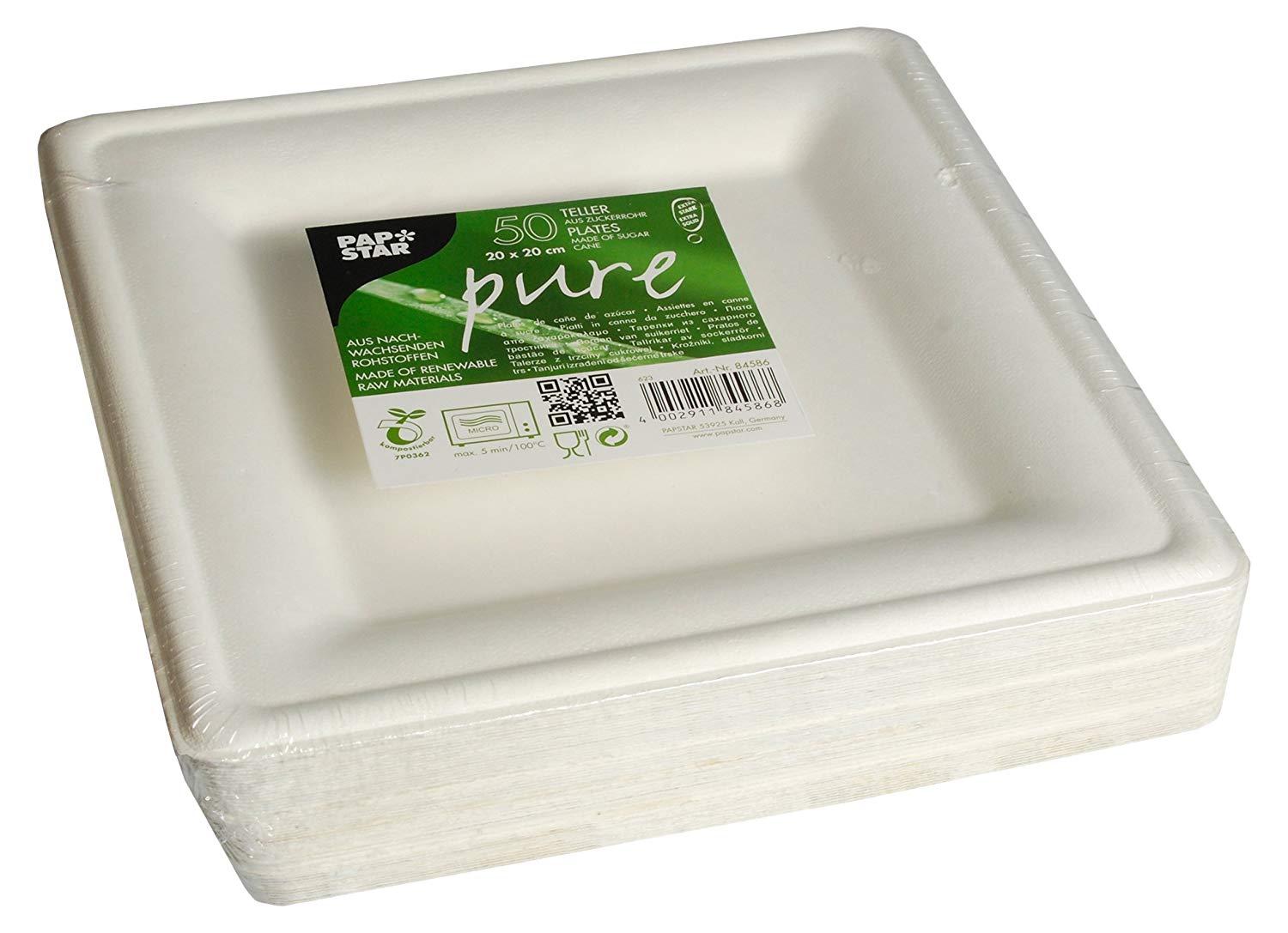 Pack of 50 Papstar Pure 84586 Paper Plates Sugar Cane White 20 x 20 Square
