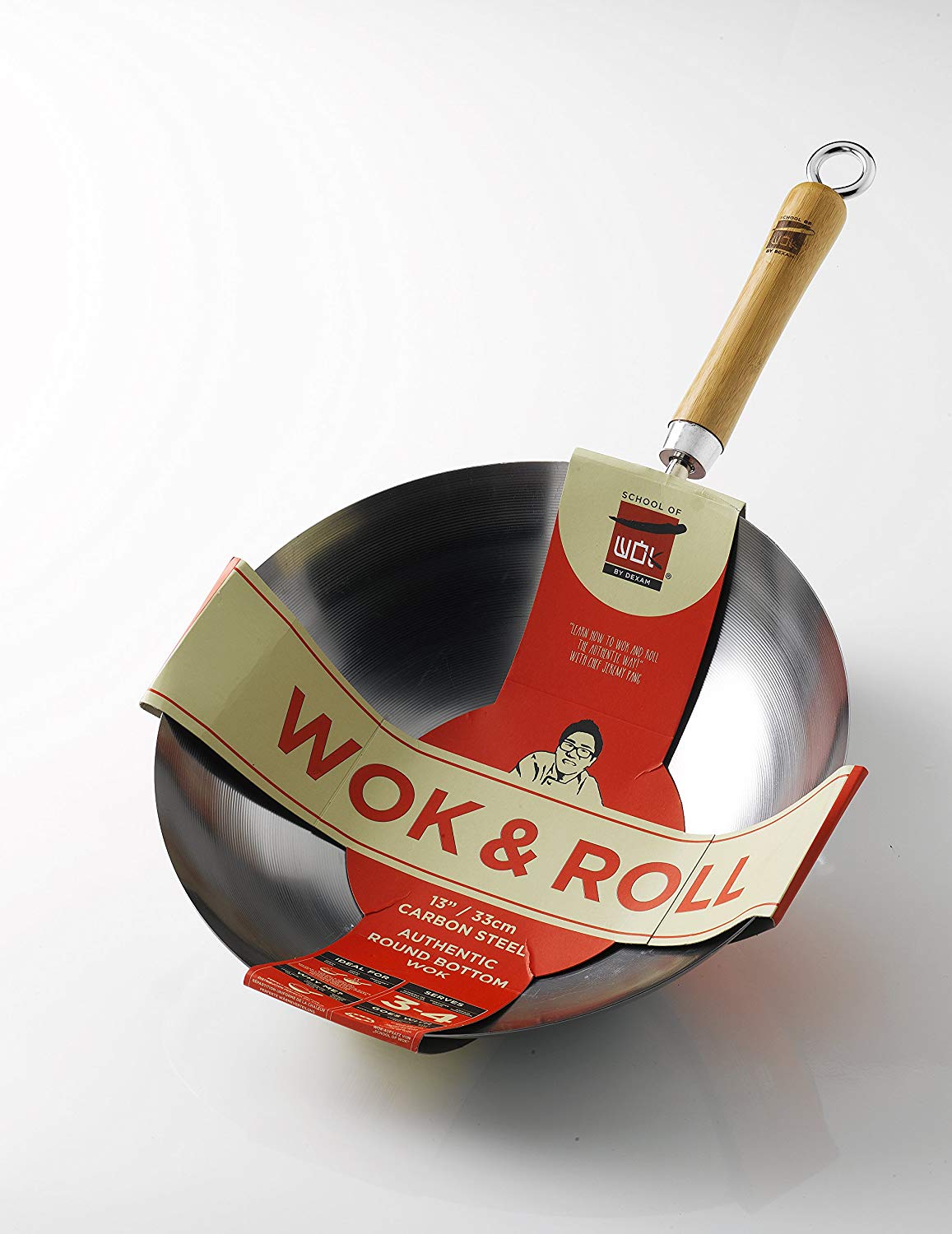 School of Wok - 13"/33cm Carbon Steel Wok, Authentic Round Bottom, Bamboo Handle, Silver, 33cm 13 Inch