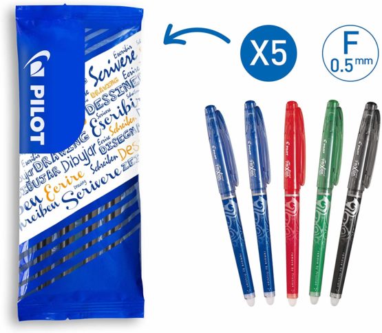 Pilot FLW538622 0.5 mm Frixion Point Erasable Rollerball Tip - 2 Blue/1 Green/1 Red/1 Black (Pack of 5)