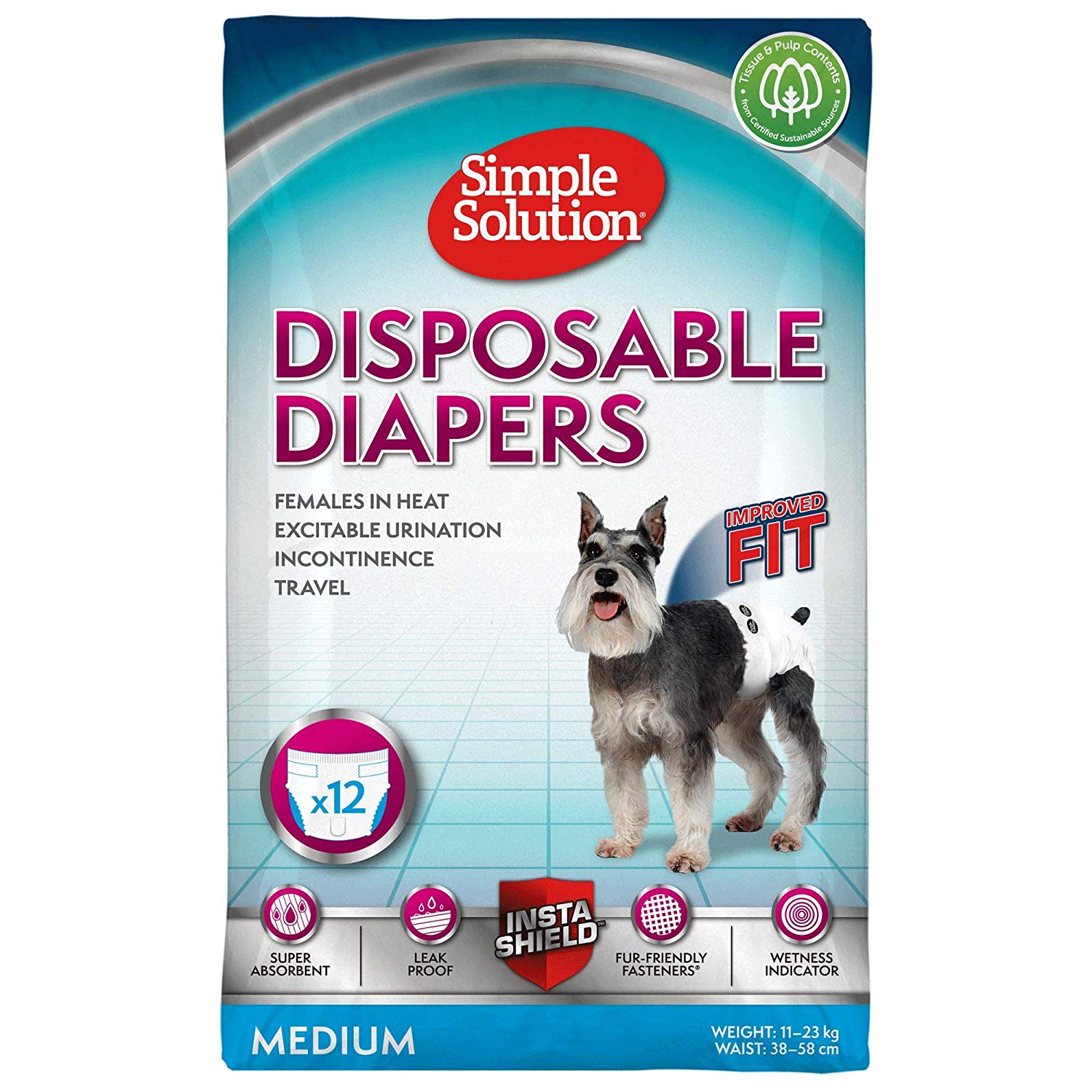 Simple Solution Disposable Dog Diapers for Female Dogs Super Absorbent Leak-Proof Fit with Wetness Indicator for Excitable Urination Incontinence or females in heat