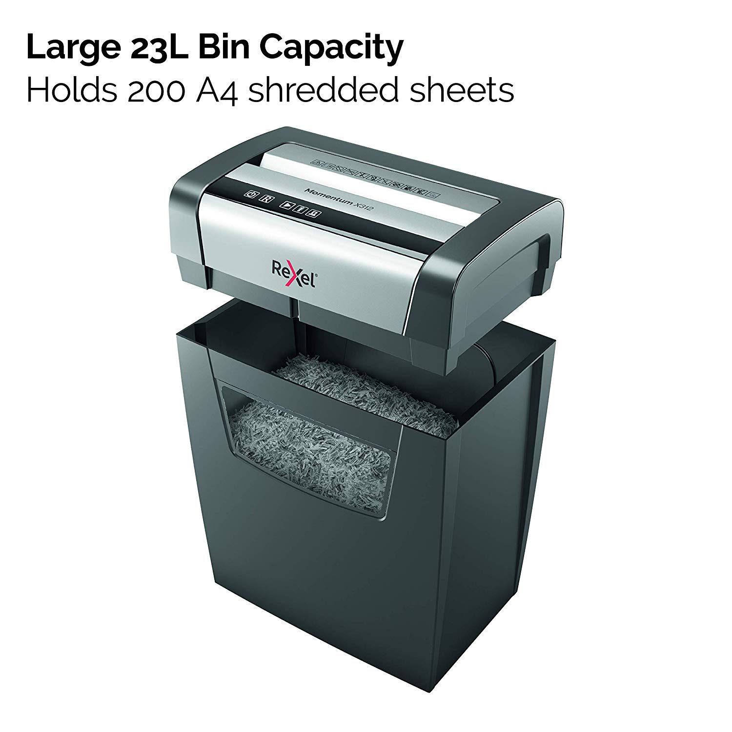 Rexel Momentum X312 Cross Cut Paper Shredder, Shreds 13-12 Sheets (70-80 gsm), 23 Litre Bin, Black, 2104572 - Image 4