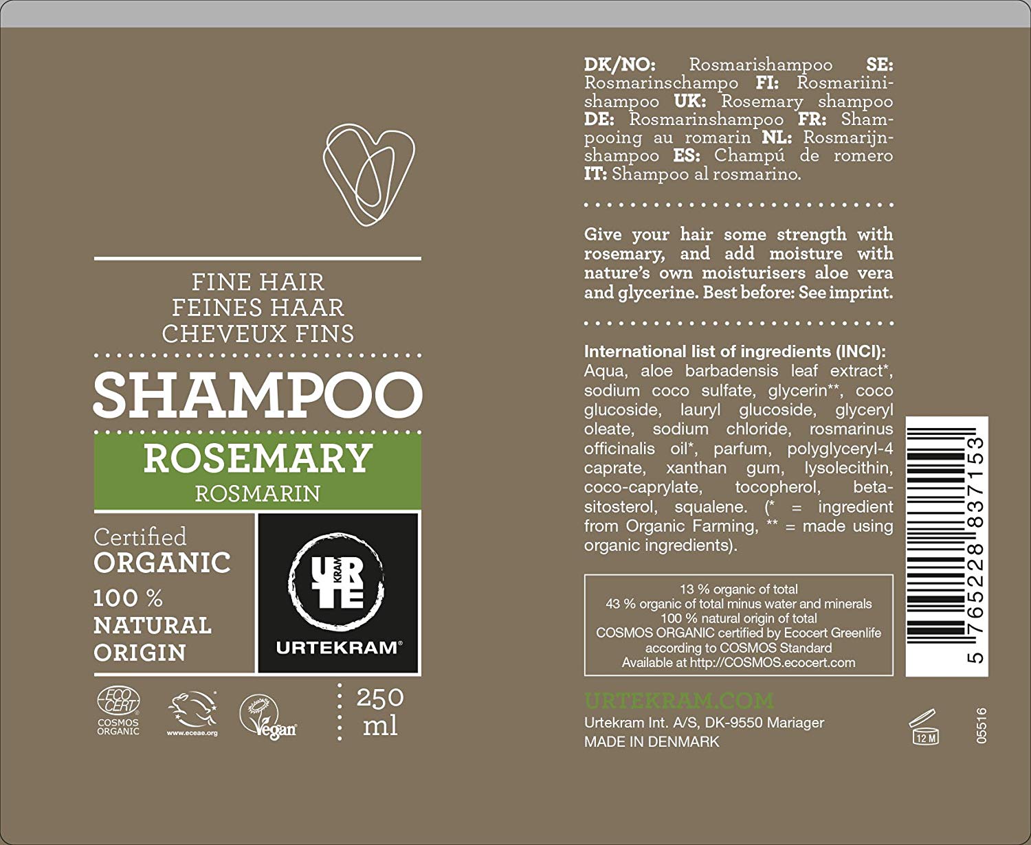 Urtekram Rosemary Shampoo, Fine/Thin Hair, 250 ml, 250 ml (Pack of 1) - Image 4