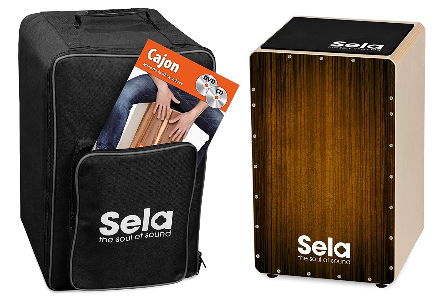 Sela SE 141 IT Varios Brown Cajon Set including backpack, cajon pad, Italian cajon method, CD and DVD