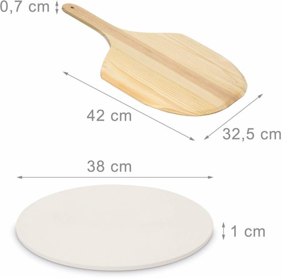 Relaxdays Round Pizza Stone for the Oven with Pizza Peel Pizza Paddle, 38 cm Diameter, 1 in Thick, Backing Stone made of Cordierite for Crispy Pizzas, Bread and Flambees, Beige - Image 2