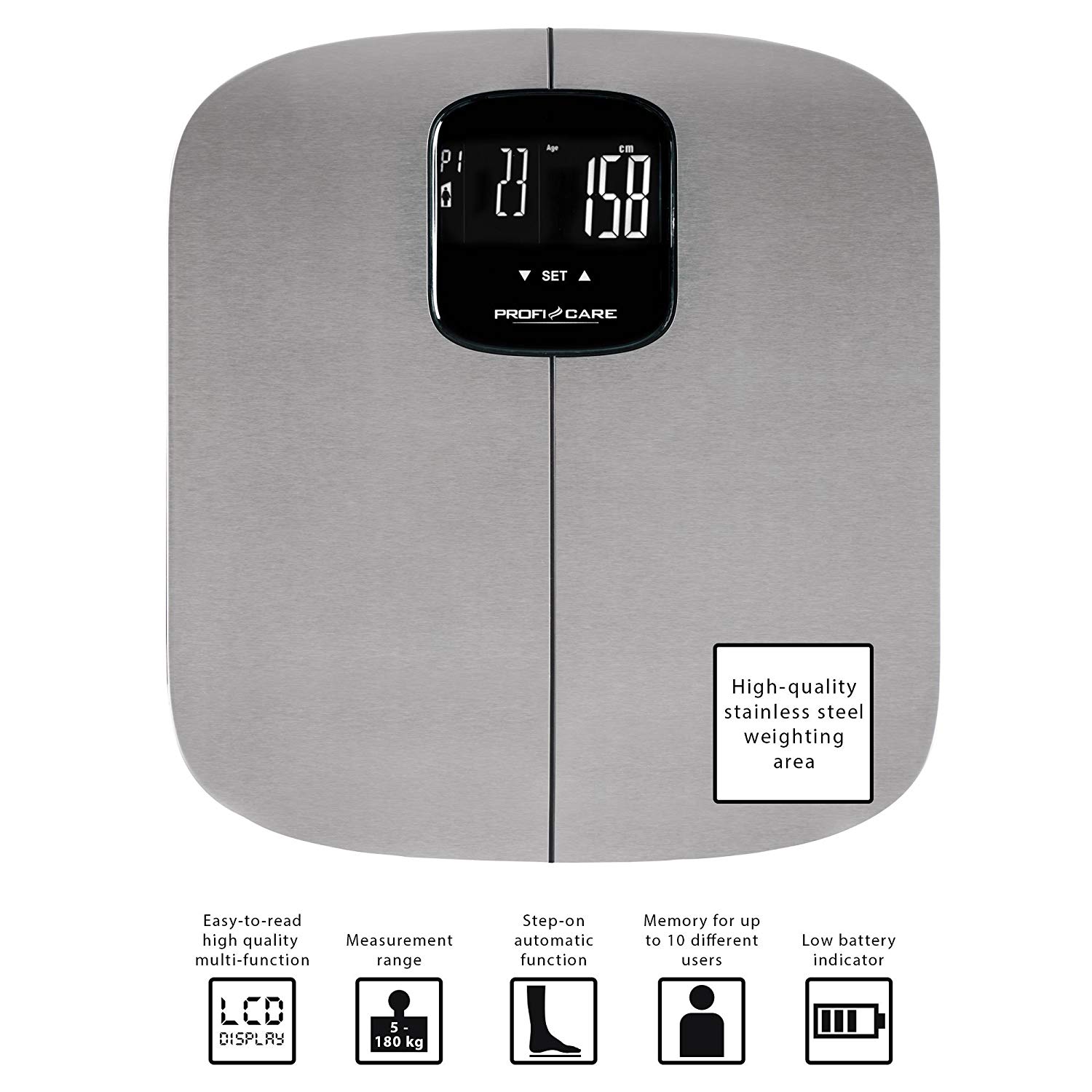 ProfiCare PC-PW 3006 FA 7-in-1 Electronic Stainless Steel Personal Scales for Analysing Weight Body Fat Percentage - Image 3