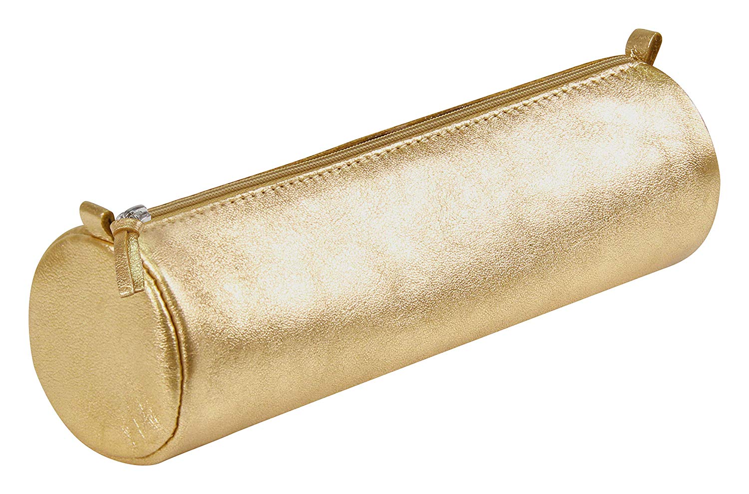 Clairefontaine 8692C, Round Gold Iridescent Effect School Pencil Case diameter 5,5x22 cm in Genuine Lambskin Leather