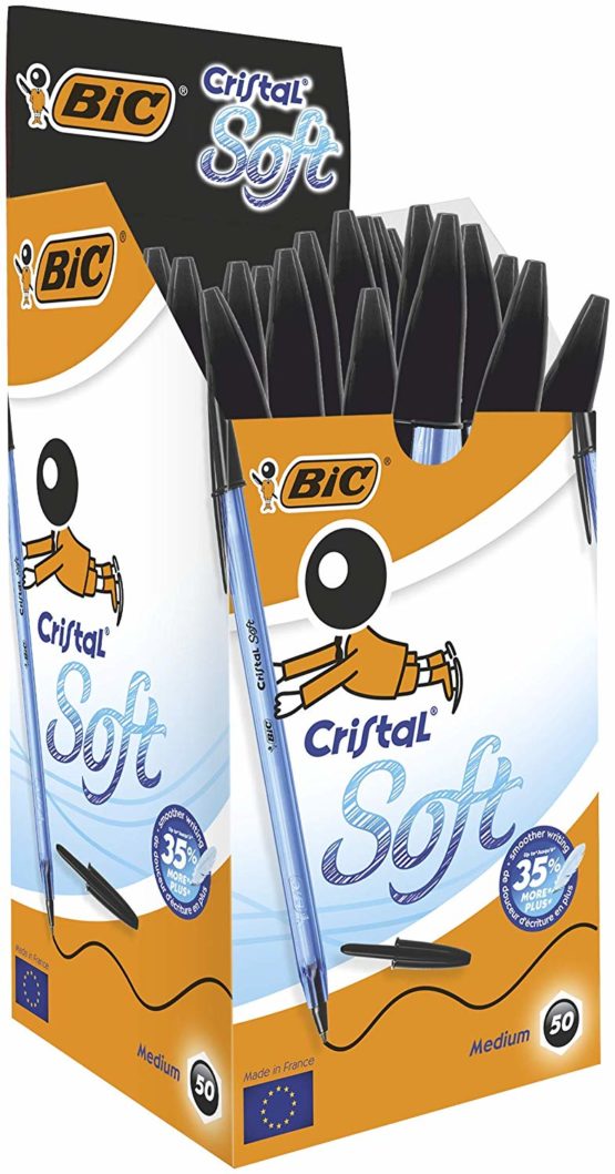 BIC 921263 Cristal Soft Ballpoint Pens Non-Retractable Black Box of 50