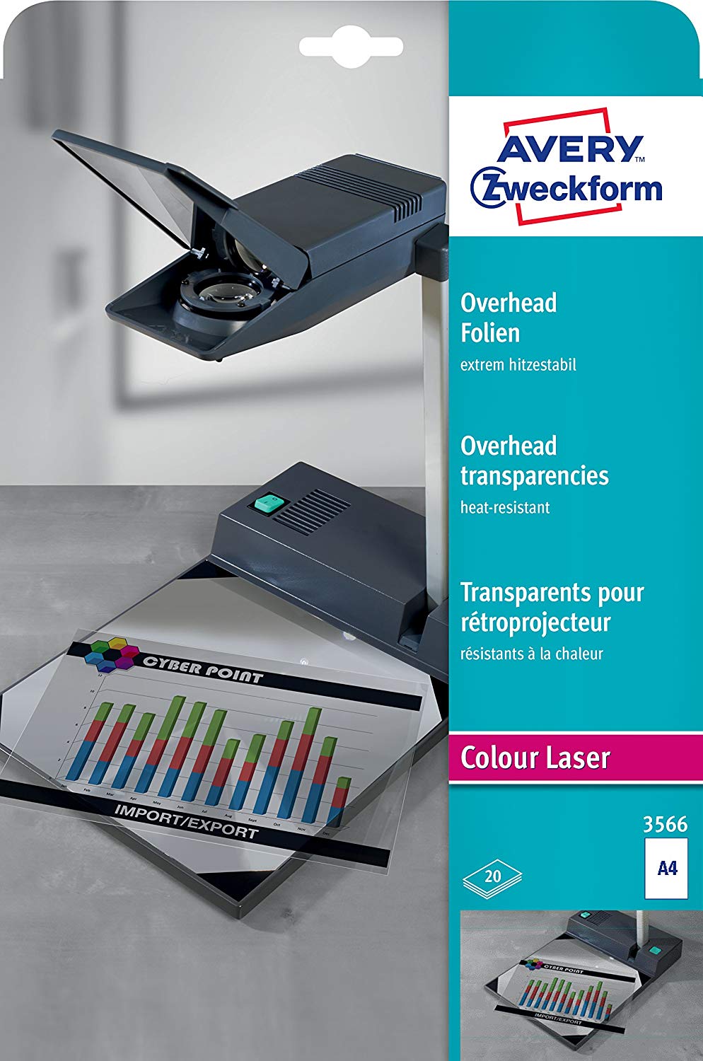 AVERY Zweckform 3566 Overhead Films for Colour Laser Printers (20 Transparent Films, A4, Special Coating, Stackable